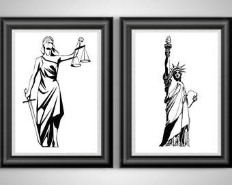 May include: Two black and white framed illustrations. The left frame shows a blindfolded woman holding a sword and scales of justice. The right frame shows the Statue of Liberty holding a torch and a book.