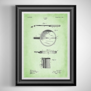 Vintage banjo artwork 1902 Banjo patent Bluegrass lover gift for Band member Music studio print Unframed