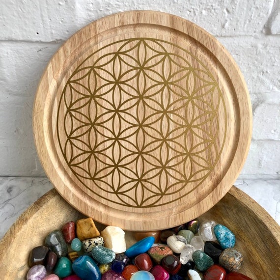 Flower of life crystal grid round wood