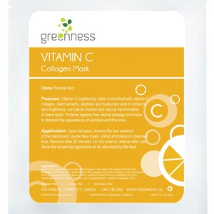 May include: A yellow and white package for a Vitamin C Collagen Mask by Greenness Cosmetics. The package features a large letter C and a graphic of an orange slice. The text on the package reads "Vitamin C Collagen Mask" and "Uses: Normal Skin".