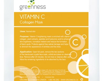 Könnte beinhalten: Eine gelbe und weiße Verpackung für eine Vitamin C Kollagenmaske von Greenness Cosmetics. Die Verpackung zeigt einen großen Buchstaben C und eine Grafik einer Orangenscheibe. Der Text auf der Verpackung lautet "Vitamin C Kollagenmaske" und "Anwendung: Normale Haut".