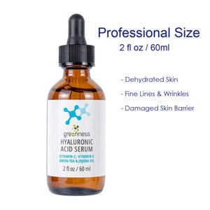 May include: A brown glass bottle of Greenness Hyaluronic Acid Serum with a black dropper. The label includes the text "HYALURONIC ACID SERUM" and "2 fl oz / 60 ml". The text "Professional Size" is also visible.