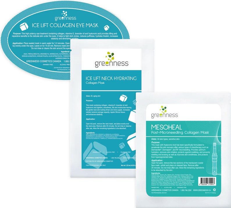 K&ouml;nnte beinhalten: Drei blaue und wei&szlig;e Verpackungen von Gesichtsmasken. Die Verpackungen sind mit dem Markennamen "greenness" und den Produktnamen "ICE LIFT COLLAGEN EYE MASK", "ICE LIFT NECK HYDRATING Collagen Mask" und "MESOHEAL Post-Microneedling Collagen Mask" gekennzeichnet.