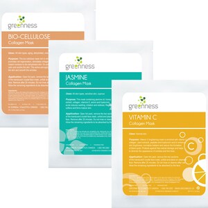 May include: Three individual face mask packets with the brand name "greenness" printed on each. The masks are labeled "Bio-Cellulose Collagen Mask", "Jasmine Collagen Mask", and "Vitamin C Collagen Mask". Each packet features a different color scheme and a graphic image representing the mask's key ingredient.