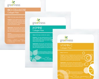 Könnte beinhalten: Drei einzelne Gesichtsmasken-Päckchen mit dem Markennamen "greenness" auf jedem. Die Masken sind mit "Bio-Cellulose Collagen Mask", "Jasmine Collagen Mask" und "Vitamin C Collagen Mask" gekennzeichnet. Jedes Päckchen hat ein anderes Farbschema und ein grafisches Bild, das den Hauptbestandteil der Maske darstellt.