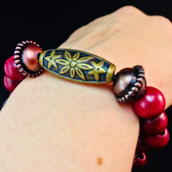 Maroon Wooden Beaded Bracelet, Womens Tribal Bracelet with Antique Gold Tibetan Floral and Wood Beads, Lanyard Macrame Cordon Bracelet Femme