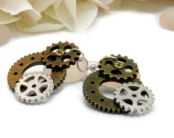 Antique Bronze and Silver Steampunk Earrings, Steampunk Watch Gear Dangle Earrings With Cogs, Steampunk Jewelry, Steampunk Costume Jewellery