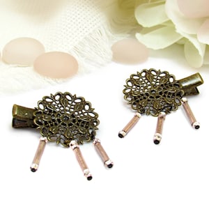 Boho Hair Barrette Set of 2, Stylish Antique Bronze Filigree Wedding Hair Accessories, Chic Light Pink Beaded Dangle Patina Bridal Hair Clip