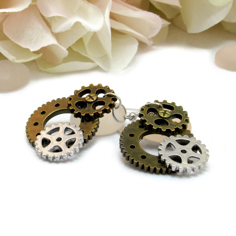 Antique Bronze and Silver Steampunk Earrings