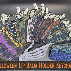 Halloween Neoprene Lip Balm Holder Keychain Skulls Bats Witch