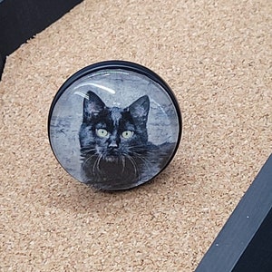May include: A black cat with green eyes is featured in a round glass paperweight. The cat is looking directly at the camera.