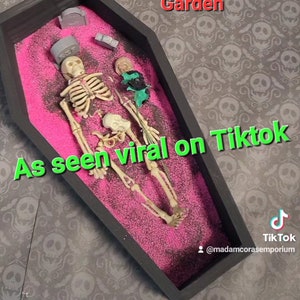 Op de afbeelding: Een zwarte kistvormige doos gevuld met roze zand en een skeletfiguur. De doos is versierd met een kleine grafsteen en een groene bloem. De tekst "Dead Zen Coffin Sand Garden" en "As seen viral on Tiktok" is zichtbaar op de afbeelding.