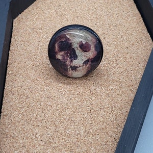 May include: A round, black, resin skull ring with a detailed, white skull design.