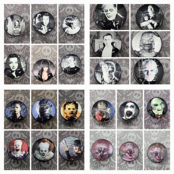 24 Horror Characters and Monsters Collection Made to Order Drawer Pull Knobs Glass Dome Goth Spooky Alternative Home Decor Vanity Doorknob