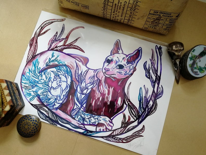 Sphynx Cat Floral Tattoo Designs Original Watercolour Ink Etsy Sphynx Cat Floral Tattoo Designs Original Watercolour Ink Etsy