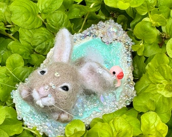 Bunny Bubble Bath Needle Felt Sculpture with Hand Poured Resin and Glass Beads