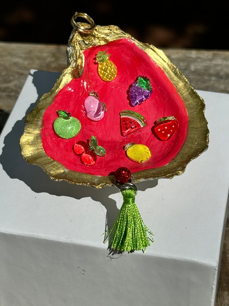 Hand Painted Shell Ornament with Red Enamel and Tropical Fruits image 1