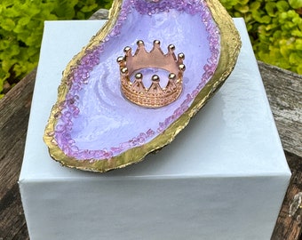 Oyster Shell Ring Dish with Lavender Enamel and Gold Crown for the Bling Queen!