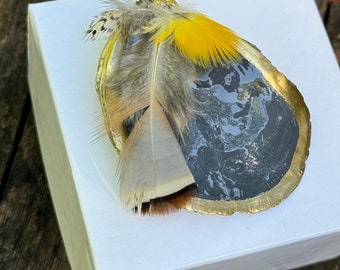 Gilded Oyster Shell Ornament with Partridge and Yellow Macaw Feathers/ Hand Painted Enamel