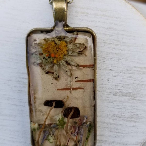 Nature inspired pendant, resin,epoxy, terrarium/botanical necklace, mushroom, birch bark, flowers, lichen, dandelion, fairy scene, boho chic