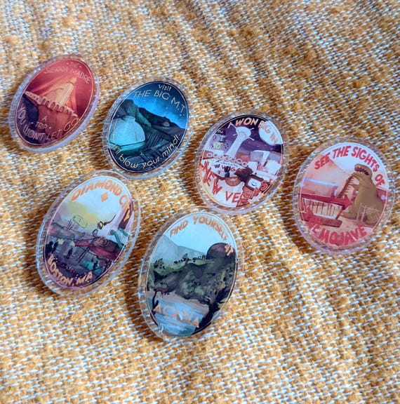 Fallout New Vegas & Fallout 4 Travel Pins - 2" acrylic - FNV DLC added