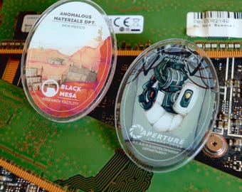 Portal 2 Glados & Half Life Black Mesa 2 inch acylic pins - portal, portal 2, valve, orange box, half life, hl2