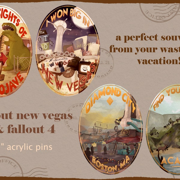 Fallout New Vegas & Fallout 4 Travel Pins - 2" acrylic - PREORDER