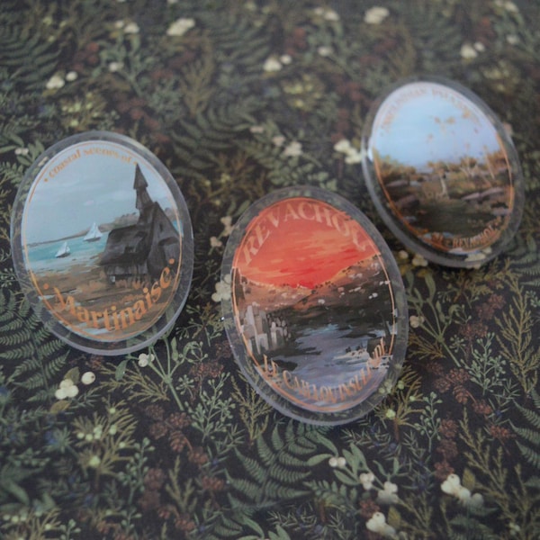 Disco Elysium Revachol Travel Pins - 2" acrylic - Martinaise, Revachol City, Insulindian Phasmid