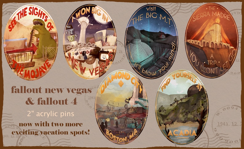 May include: Set of six 2-inch acrylic pins featuring Fallout New Vegas and Fallout 4 themes. Each pin has a unique design, including the Mojave, New Vegas, Big MT, Sierra Madre, Diamond City, and Acadia. The pins are oval-shaped with gold trim.