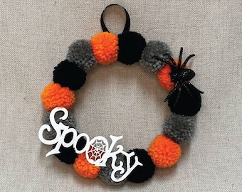 Spooky Pom Pom Mini Wreath-Pom Pom Wreath-Mini Pom Pom Wreath-Halloween Wreath-Home Decor-Fall Wreath-Handmade Home Decor-Handmade Halloween