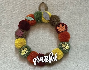 Autumn Leaves Pom Pom Mini Wreath-Pom Pom Wreath-Mini Pom Pom Wreath-Fall Wreath-Home Decor-Thanksgiving Wreath-Handmade Home Decor-Pom Poms
