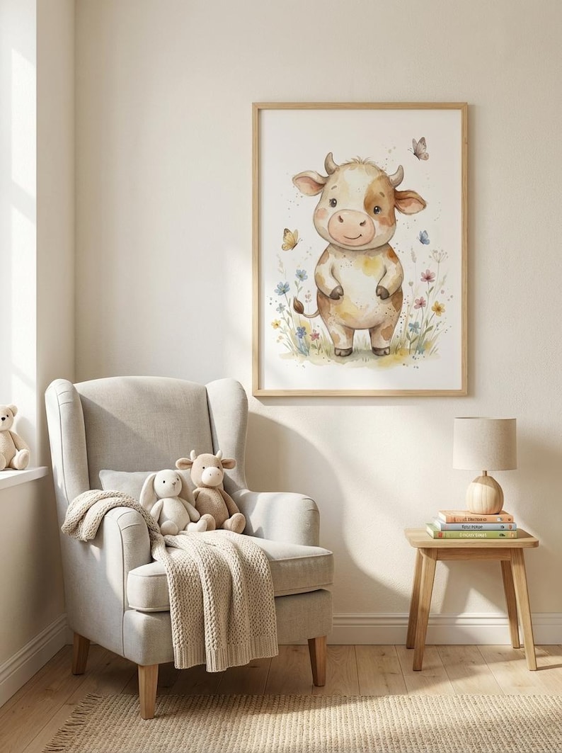 Peut inclure: Une impression encadr&eacute;e &agrave; l'aquarelle d'une vache de dessin anim&eacute; avec un pelage brun clair et blanc, debout dans un champ de fleurs. L'&oelig;uvre est dans un cadre en bois clair et est expos&eacute;e au-dessus d'un fauteuil gris.