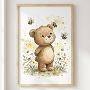 Impression artistique pour chambre d'enfant aquarelle ours en peluche et abeilles