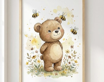 Lámina infantil con osito de peluche y abejas en acuarela