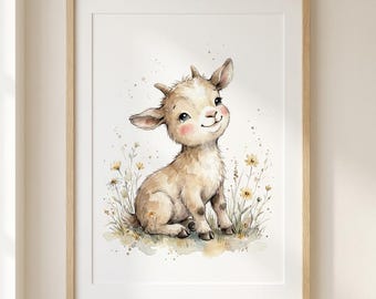 Arte de pared para guardería de cabritos, póster de animales de granja, impresión animal en acuarela