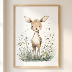Art pour chambre de bébé cerf, décoration murale fauve, imprimé animal des bois