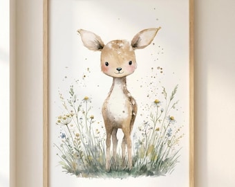 Arte infantil de ciervo bebé, decoración de pared de cervatillo, estampado de animales del bosque