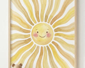 Arte de pared para guardería con diseño de sol, póster de sol en acuarela, decoración de habitación infantil bohemia amarilla, impresión para guardería