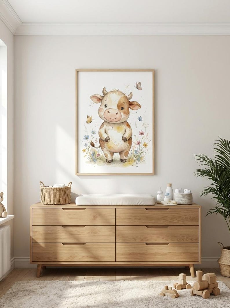 Peut inclure: Une impression encadr&eacute;e &agrave; l'aquarelle d'une vache de dessin anim&eacute; avec des marques marron et blanches, debout dans un champ de fleurs sauvages. Des papillons voltigent autour de la vache. L'impression est affich&eacute;e au-dessus d'une commode en bois.