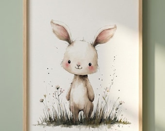 Póster de conejito bebé, impresión de acuarela para guardería, decoración de animales del bosque