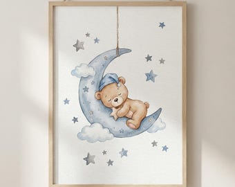 Arte infantil de oso de peluche, oso durmiendo en la luna, decoración de habitación de niño con acuarela