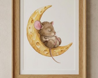 Arte de pared para habitación infantil con un ratón de acuarela durmiendo sobre una luna de queso, un regalo fantástico para baby shower.
