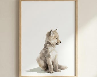 Póster de cachorro de lobo, arte de pared para guardería, impresión de animales del bosque