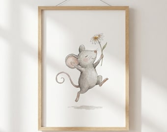Arte de pared para guardería de ratones, estampado de animales en acuarela, póster de flores de margarita