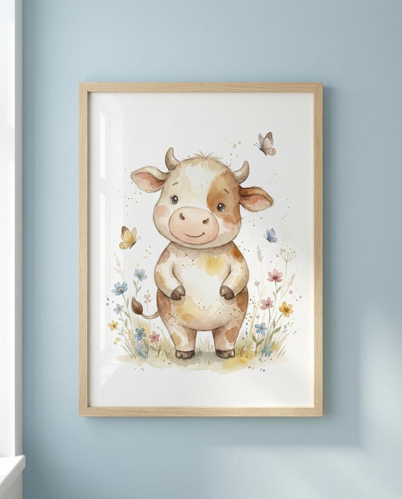 Peut inclure: Impression aquarelle encadr&eacute;e d'une vache de dessin anim&eacute;. La vache, aux couleurs marron clair et blanche, sourit au milieu de fleurs sauvages et de papillons. L'&oelig;uvre est pr&eacute;sent&eacute;e dans un cadre en bois et pr&ecirc;te &agrave; &ecirc;tre accroch&eacute;e.