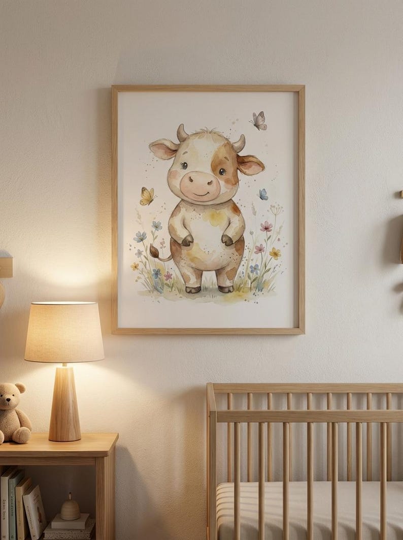 Peut inclure: Illustration &agrave; l'aquarelle d'une vache mignonne dans un cadre en bois. La vache, marron clair et blanche, se tient dans un champ de fleurs color&eacute;es avec des papillons. Id&eacute;al pour une chambre d'enfant.