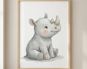 Decoración de pared infantil con diseño de rinoceronte bebé, póster de animales bebés.