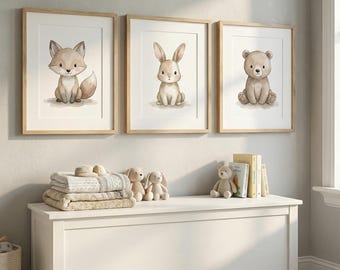 Juego de arte de pared para habitación infantil con temática de bosque, con impresiones de conejo, oso y zorro