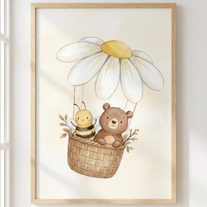 Art mural pour chambre d'enfant, affiche montgolfière marguerite ours et abeille