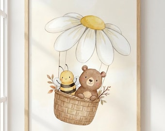 Decoración de pared para habitación infantil: póster de oso, abeja y globo aerostático con margaritas.